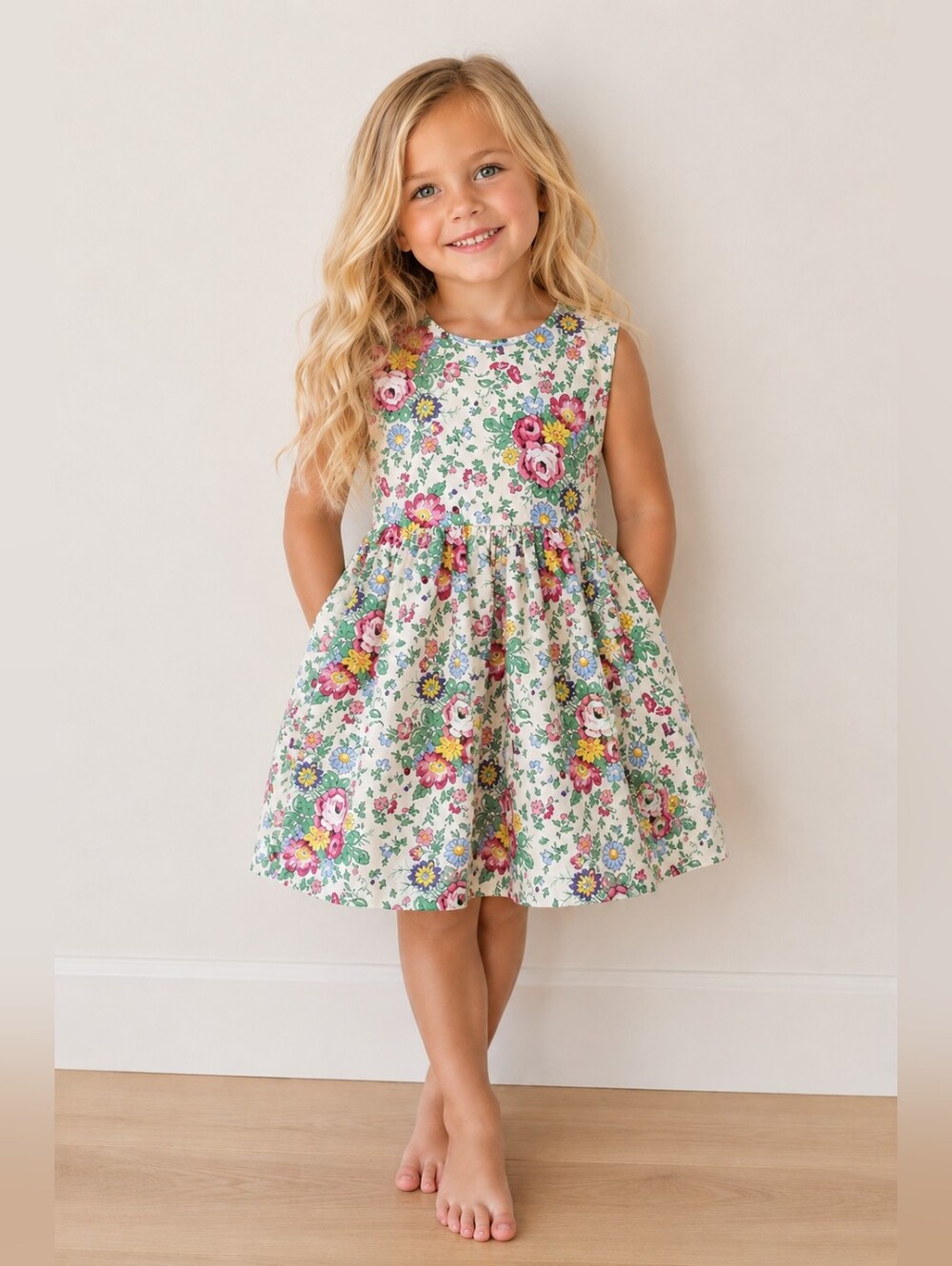 The Oaks Apparel Girls Floral Cotton Dress Size 4 Cottage Garden Bow Back